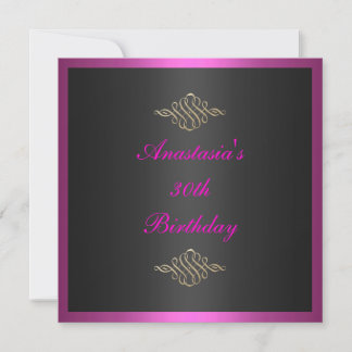 Invitación Cumpleaños Negro Rosa y Borde Dorado