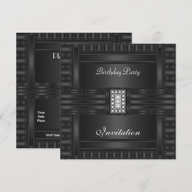 Invitación Cumpleaños Negro Sobre Joya De Diamante (Anverso / Reverso)