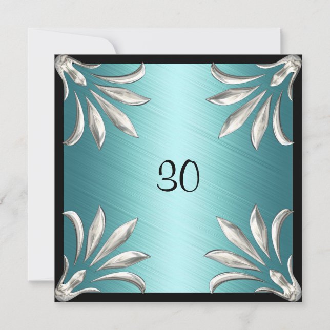 Invitación Cumpleaños Negro Teal con Floral Platea (Anverso)