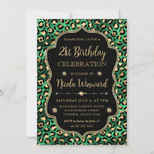 Invitación Cumpleaños Negro Verde Dorado Estampado de Leopard