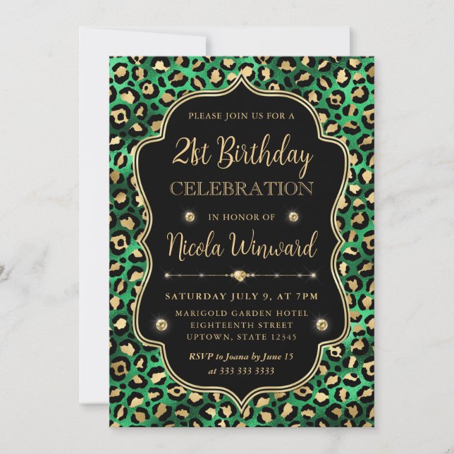 Invitación Cumpleaños Negro Verde Dorado Estampado de Leopard (Anverso)