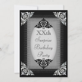 Invitación Cumpleaños negro y de plata elegante de la