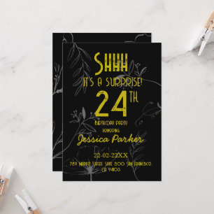 Invitación Cumpleaños negro y dorado Sorpresa Shhh