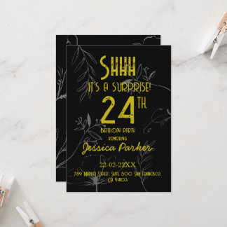 Invitación Cumpleaños negro y dorado Sorpresa Shhh