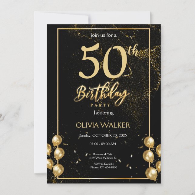 Invitación Cumpleaños negro y oro (Anverso)