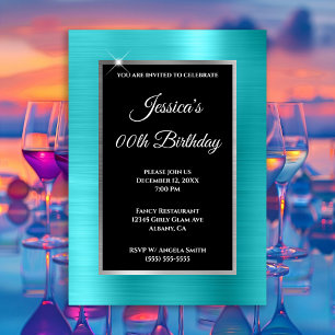Invitación Cumpleaños negro y plata con lámina azul turquesa