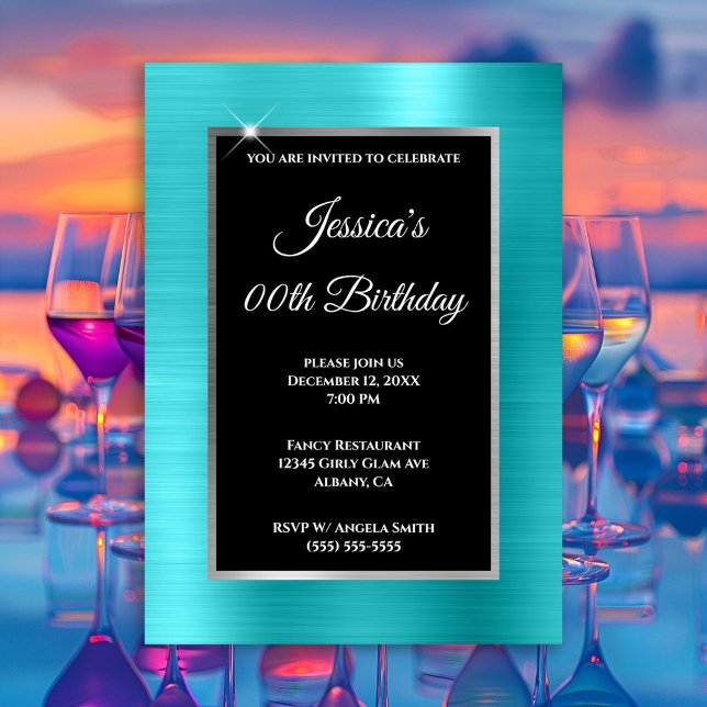 Invitación Cumpleaños negro y plata con lámina azul turquesa (Turquoise Blue Foil Silver and Black Any Year Invite)