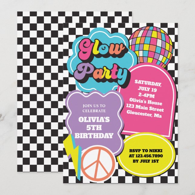 Invitación Cumpleaños Neon 90s Retro Glow (Anverso / Reverso)