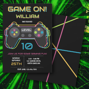 Invitación Cumpleaños Neon de Juegos de Video para Adolescent