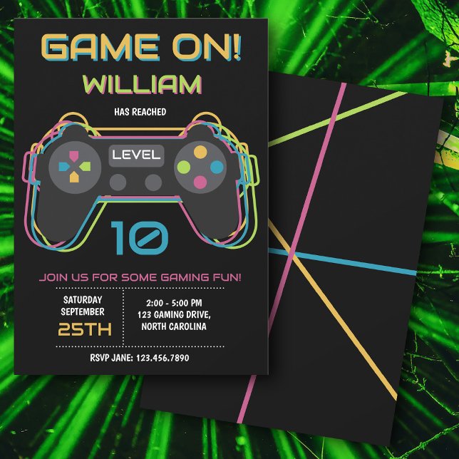 Invitación Cumpleaños Neon de Juegos de Video para Adolescent (Teen Gaming Gamer Video Game Player Neon Birthday Invitation)