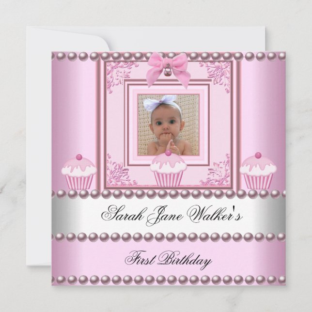 Invitación Cumpleaños niña 1 año Cupcakes rosados Perla blanc (Anverso)