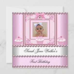 Invitación Cumpleaños niña 1 año Cupcakes rosados Perla blanc