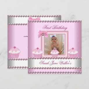 Invitación Cumpleaños niña 1 año Cupcakes rosados Perla blanc