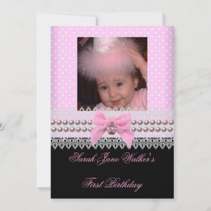 Invitación Cumpleaños niña 1 año Perla Rosa Blanca Foto Prime