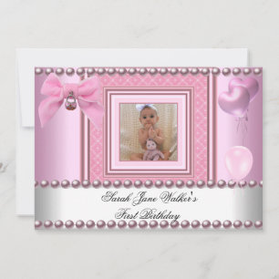 Invitación Cumpleaños niña 1 año perla rosa y blanca Foto Pri