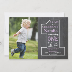 Invitación Cumpleaños niña 1 año pizarra morada Foto