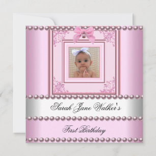 Invitación Cumpleaños niña 1 año rosa perla blanca foto prime