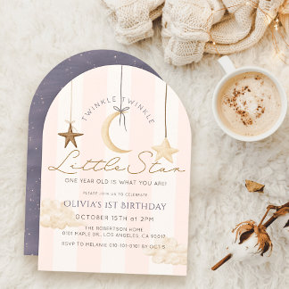 Invitación Cumpleaños niña 1 año Twinkle Little Star Rayas Ro