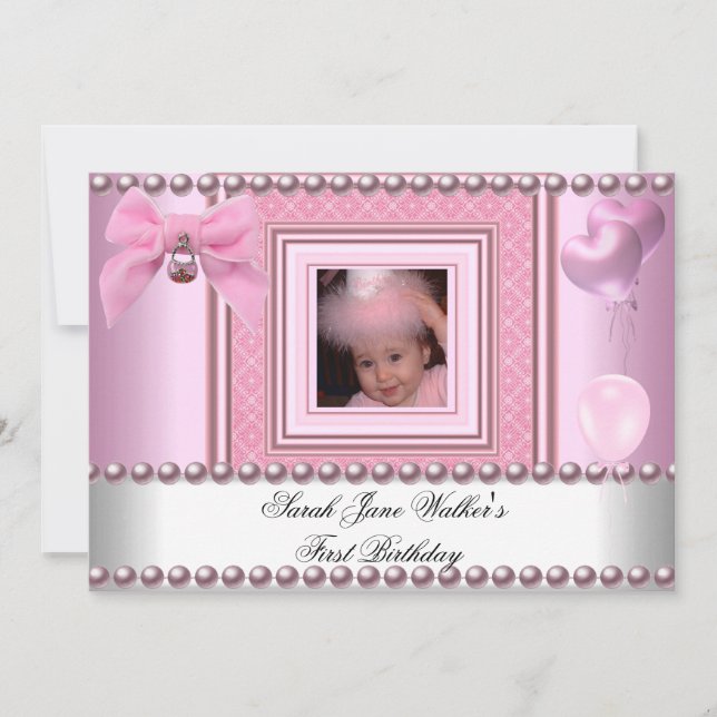 Invitación Cumpleaños niña 1er cumpleaños foto perla rosa bla (Anverso)