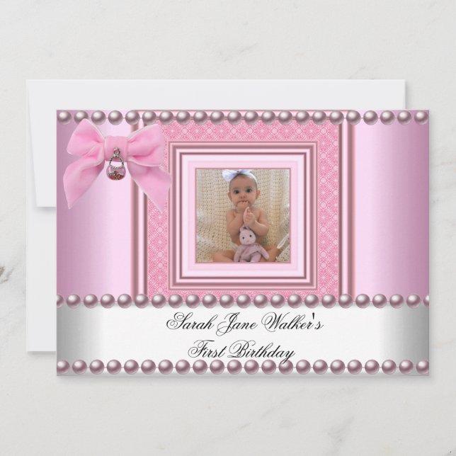 Invitación Cumpleaños niña 1er cumpleaños foto perla rosa bla (Anverso)