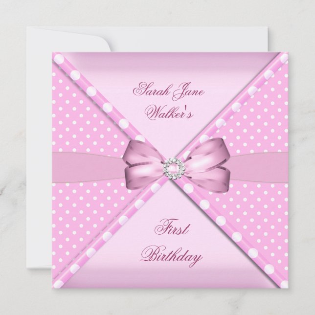Invitación Cumpleaños niña 1er cumpleaños lunares rosa y blan (Anverso)