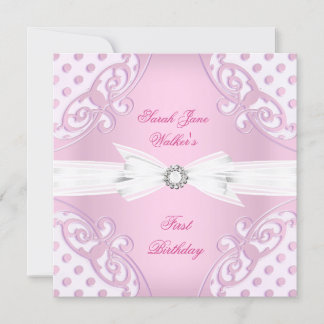 Invitación Cumpleaños niña 1er cumpleaños lunares rosa y blan