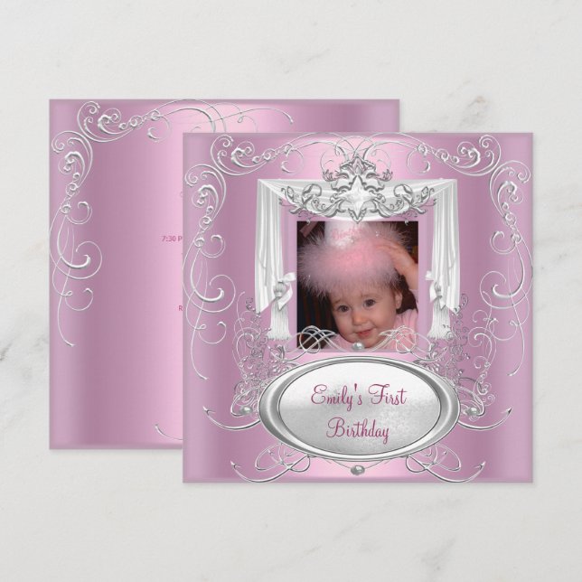 Invitación Cumpleaños niña 1er primer cumpleaños rosa estrell (Anverso / Reverso)