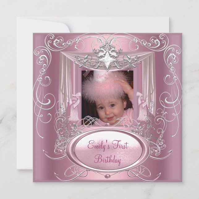 Invitación Cumpleaños niña 1er primer cumpleaños rosa estrell (Anverso)