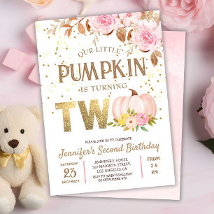 Invitación Cumpleaños niña 2 años Floral Calabaza Brillo Oro