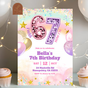 Invitación Cumpleaños niña 67 purpurina lentejuelas pastel