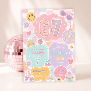 Invitación Cumpleaños niña 6 7: Arcoíris de cuadros pastel re