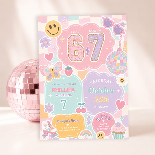 Invitación Cumpleaños niña 6 7: Arcoíris de cuadros pastel re (Subido por el creador)