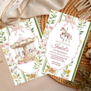 Invitación Cumpleaños niña Acuarela Carrusel Floral Pastel