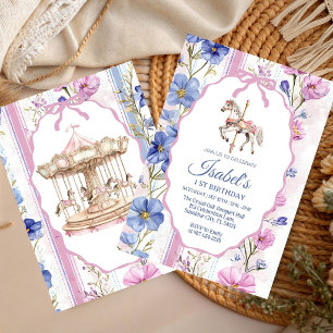 Invitación Cumpleaños niña Acuarela Carrusel Floral Pastel
