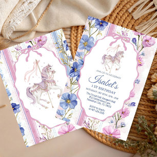 Invitación Cumpleaños niña Acuarela Carrusel Floral Pastel