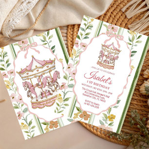 Invitación Cumpleaños niña Acuarela Carrusel Floral Pastel