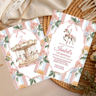 Invitación Cumpleaños niña Acuarela Carrusel Floral Pastel