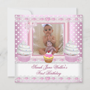 Invitación Cumpleaños niña cupcakes rosados mancha blanca beb