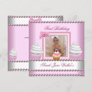 Invitación Cumpleaños niña cupcakes rosados perla blanca bebé