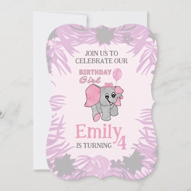 Invitación Cumpleaños niña elefante bebé rosa   (Anverso)