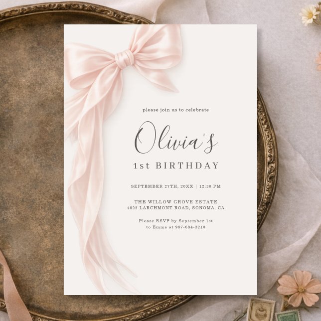 Invitación Cumpleaños niña lazo rosa 1er (Subido por el creador)
