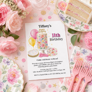 Invitación Cumpleaños niña once rosa floral tarta fiesta 