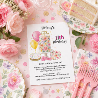 Invitación Cumpleaños niña once rosa floral tarta fiesta