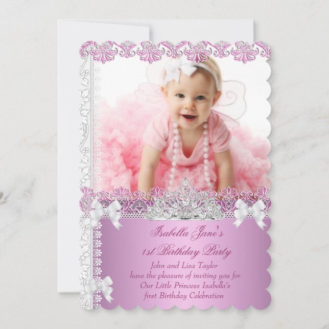 Invitación Cumpleaños niña princesa rosa foto primero 1er (Anverso)