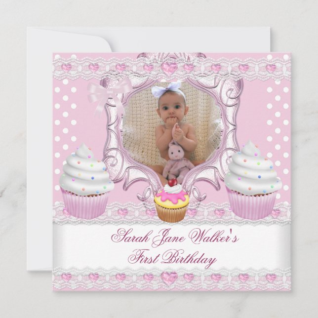 Invitación Cumpleaños niña rosa cupcakes blanco bebé (Anverso)