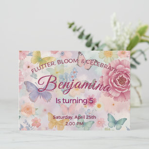 Invitación Cumpleaños Niña Rosa Pastel Celebrar Flutter Bloom