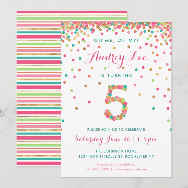 Invitación cumpleaños niñas 5 años  fiesta de cump (Anverso / Reverso)