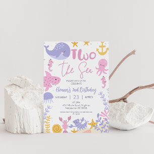 Invitación Cumpleaños Niñas Dos Mar Rosa Púrpura Amarillo
