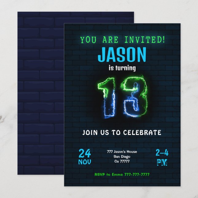 Invitación cumpleaños niño 13 años (Anverso / Reverso)