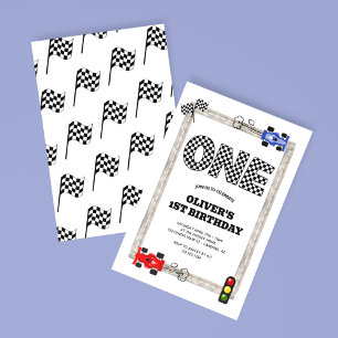 Invitación Cumpleaños niño 1 año bandera de cuadros de coche 